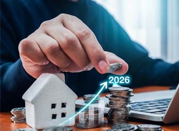 Illustration showing real estate as a profitable investment option in 2026 with residential, commercial properties, and rising property values in India