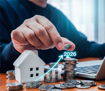 Illustration showing real estate as a profitable investment option in 2026 with residential, commercial properties, and rising property values in India